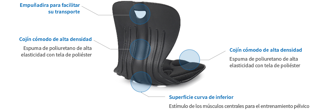 Grip for easy carry, Sophisticated body design - Sophisticated structure design along your waist line, Highly density comfortable cushion - High elastic Poly Urethane form with Poly Ester fabric, Curved bottom surface - Stimulating core muscles for pelvic training.